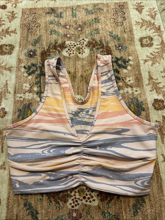 BECCA Tops - BECCA Peach, Yellow & Gray Striped Ruched Sports Bra Bodysuit